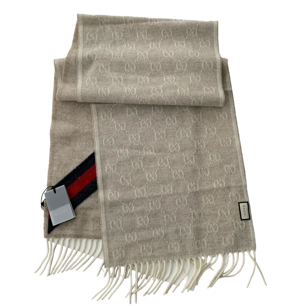 💝💝💝GUCCI AUTHENTIC NEW Wool Monogram Web Scarf, beige/blue/red💝💝💝 - Picture 5 of 15
